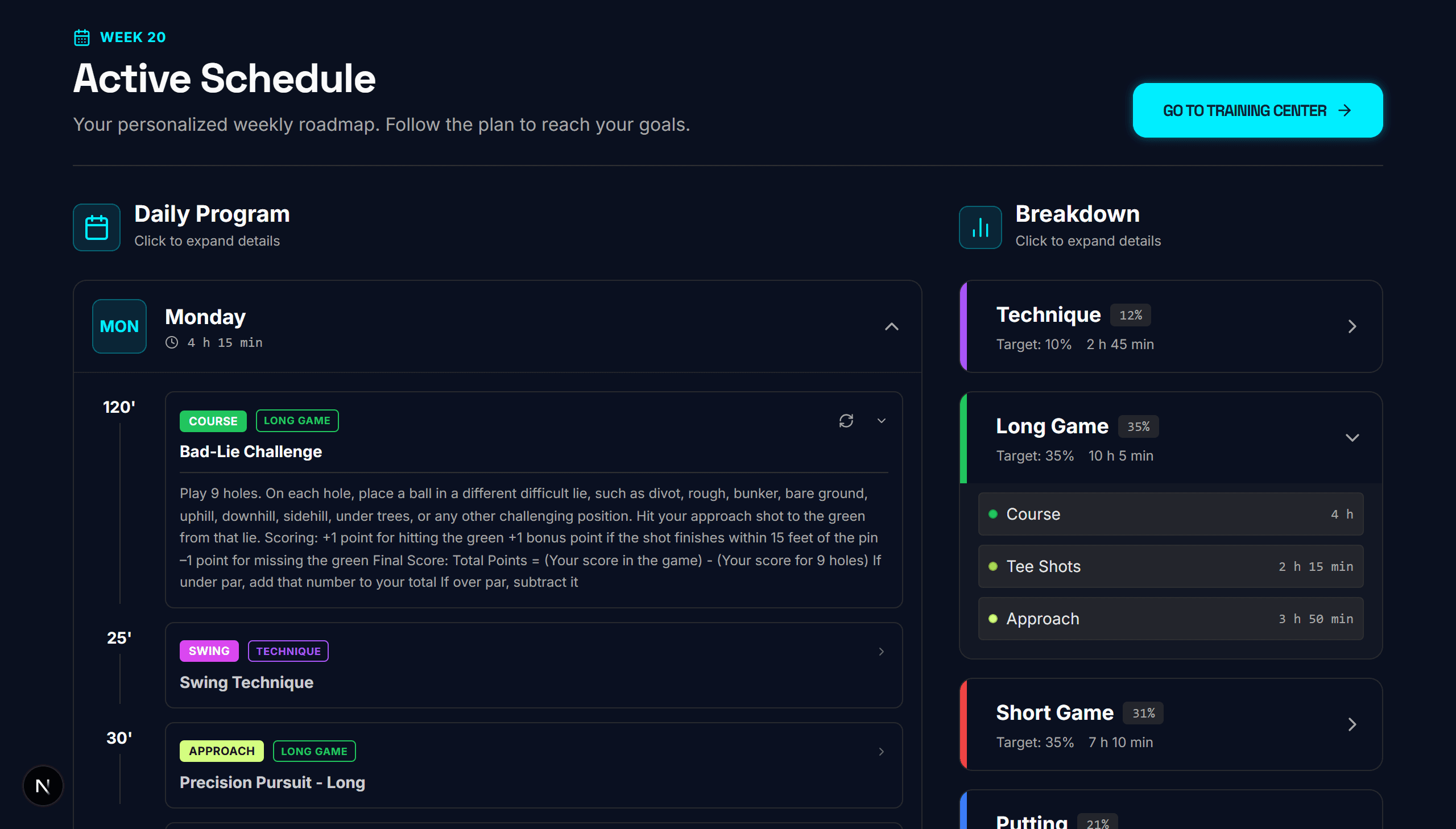 DYALR program — your personalized weekly training schedule with drill cards