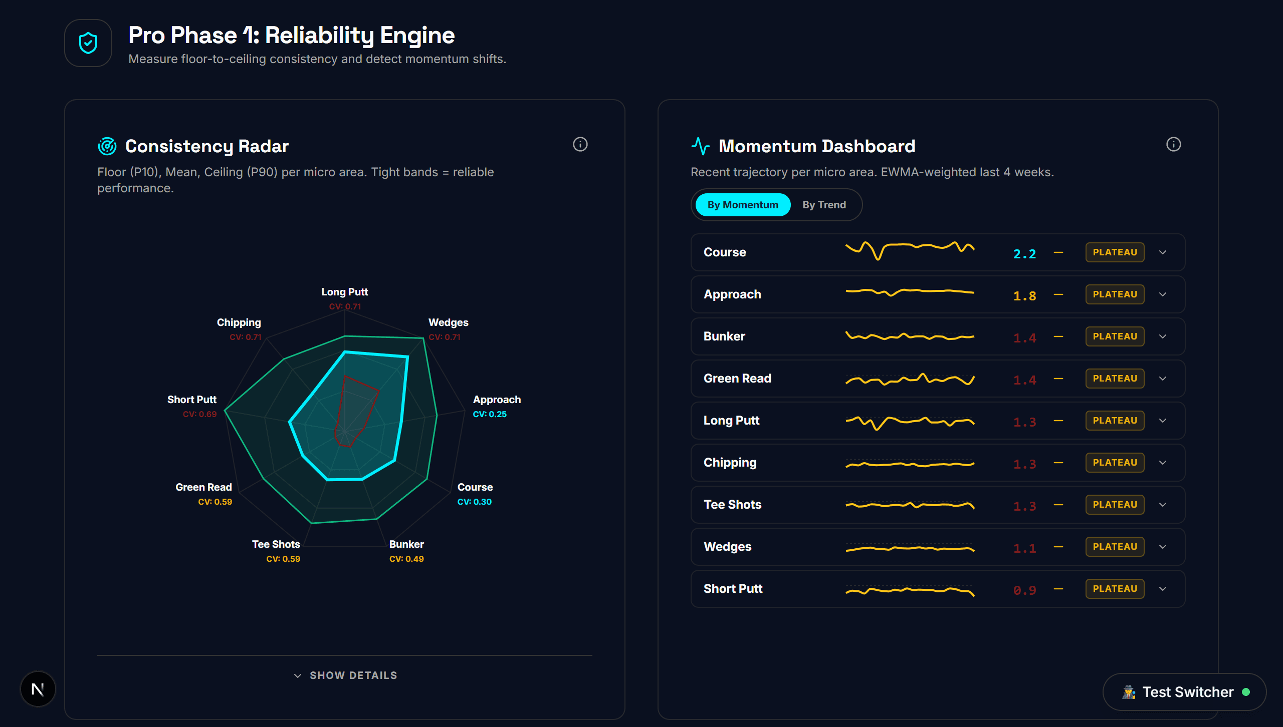 DYALR analytics — consistency radar and momentum dashboard